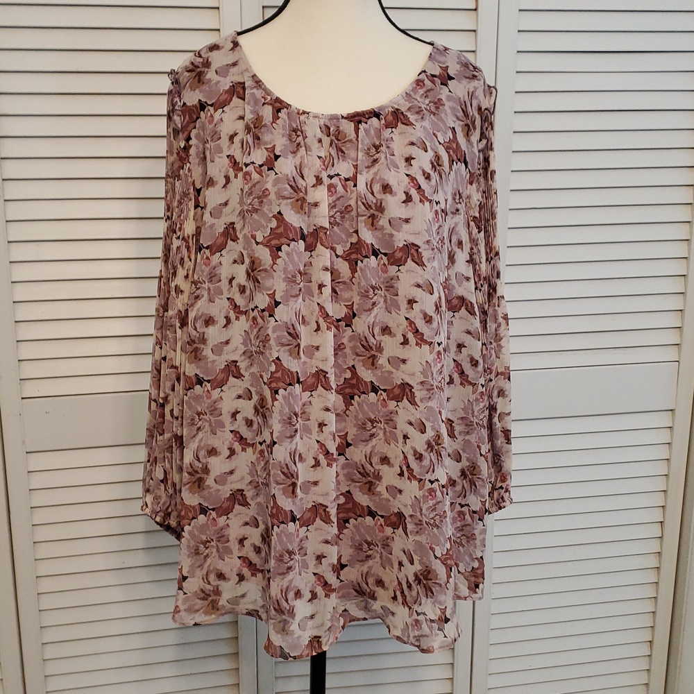 LC Lauren Conrad Floral Fall Tunic Top Pintucked Pleated Sleeves 2X